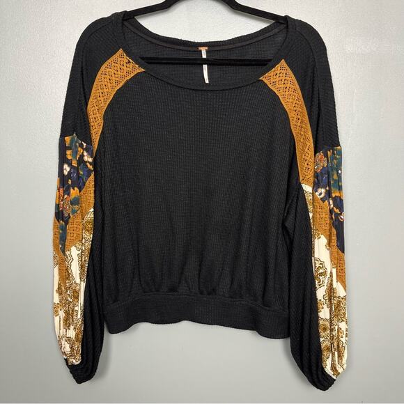 Free People Causal Clash Waffle Knit Black Combo Blouse - Picture 1 of 8